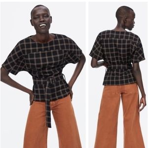 Zara Black and Tan Plaid Blouse